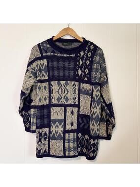 Vintage Dana Scott Blue Pattern Pullover Chunky Knit Sweater Women's Large